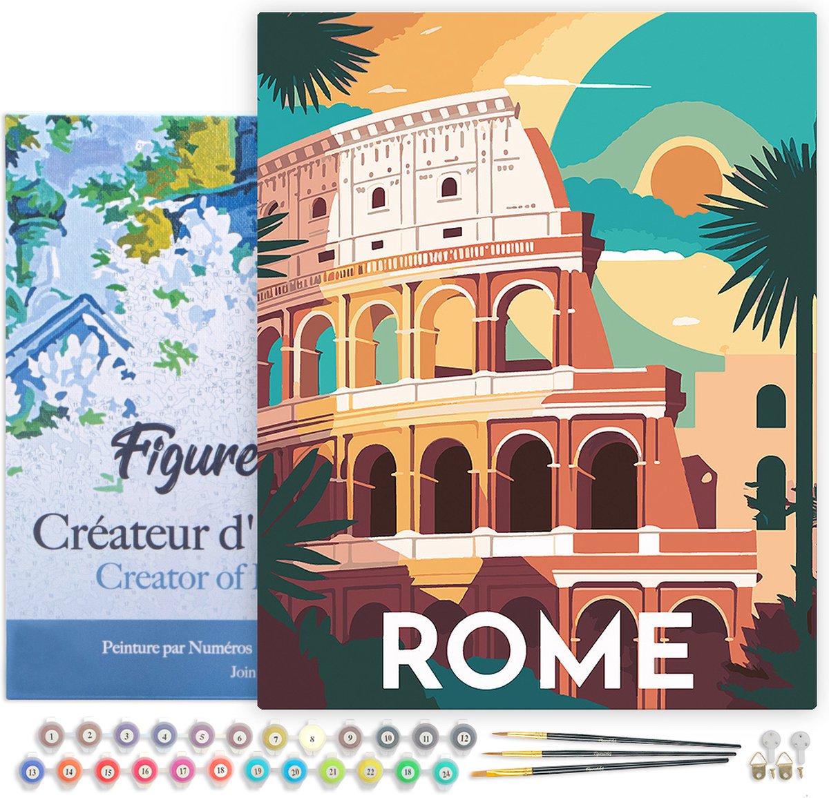 FiguredArt Schilderen op Nummer Volwassenen met lijst Reisposter Rome- Handwerk acrylverf Kit DIY Compleet - 40x50cm Canvas al ingelijst